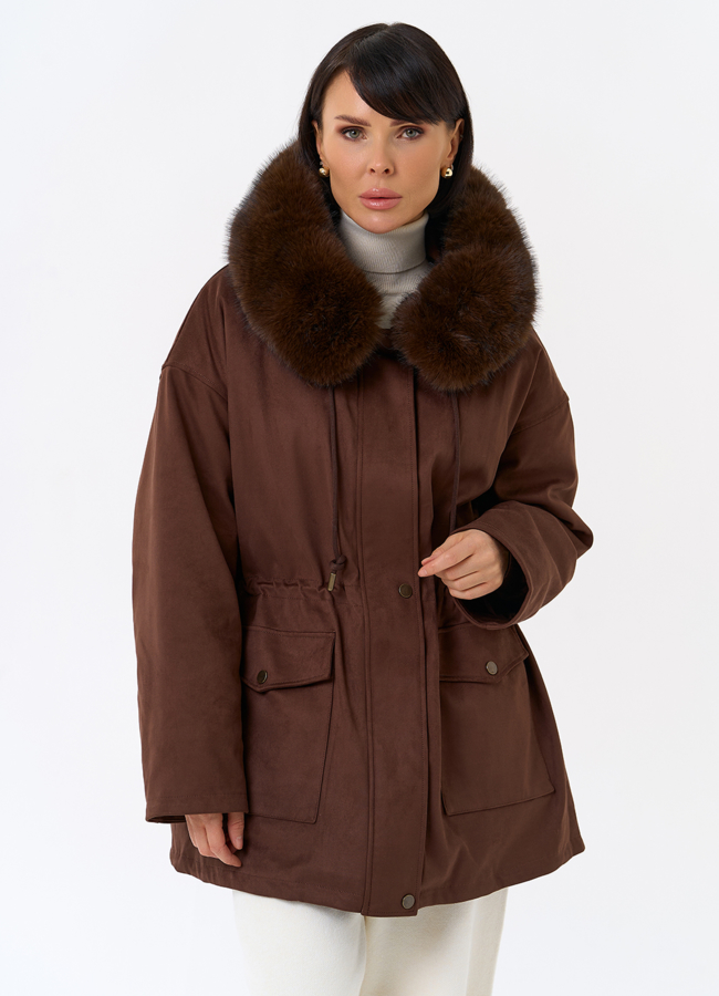 Женская парка из эко замши с капюшоном из эко меха модель № 31947 меха малина