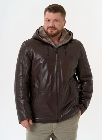 Мужская дубленка коричневого цвета с капюшоном