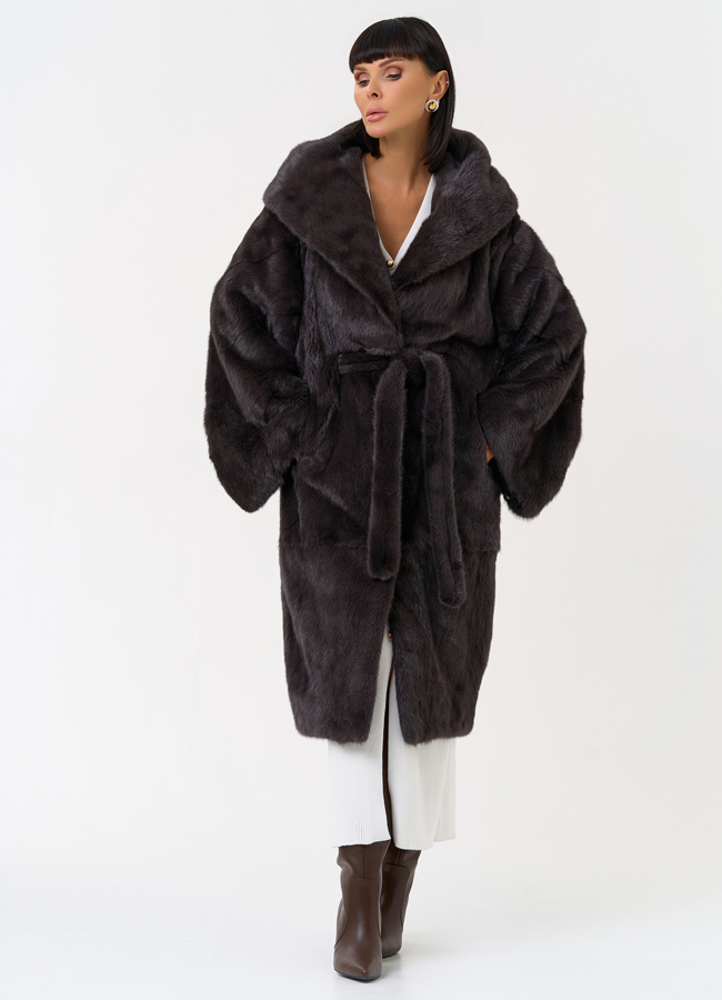 Женская шуба из меха норки с капюшоном  модель № 31377 меха малина