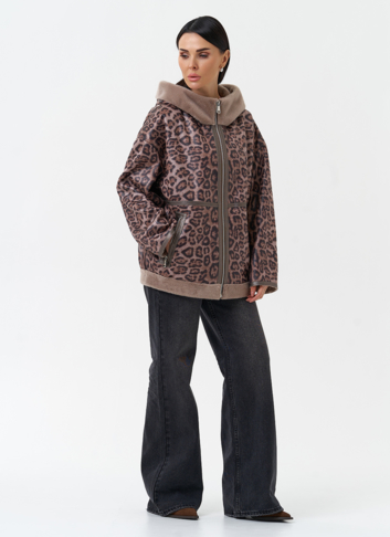 Женская дубленка из эко замши с капюшоном