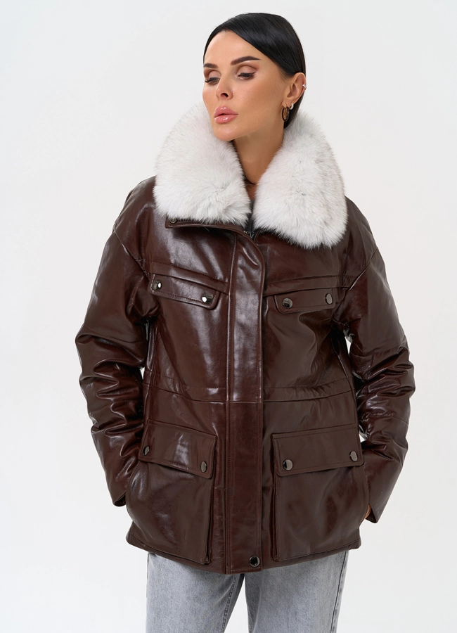 Коричневый кожаный пуховик модель № 31570 универмаг малина