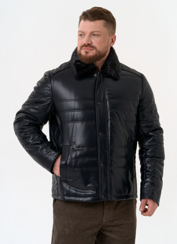 Пуховик из эко кожи с воротником стойкой