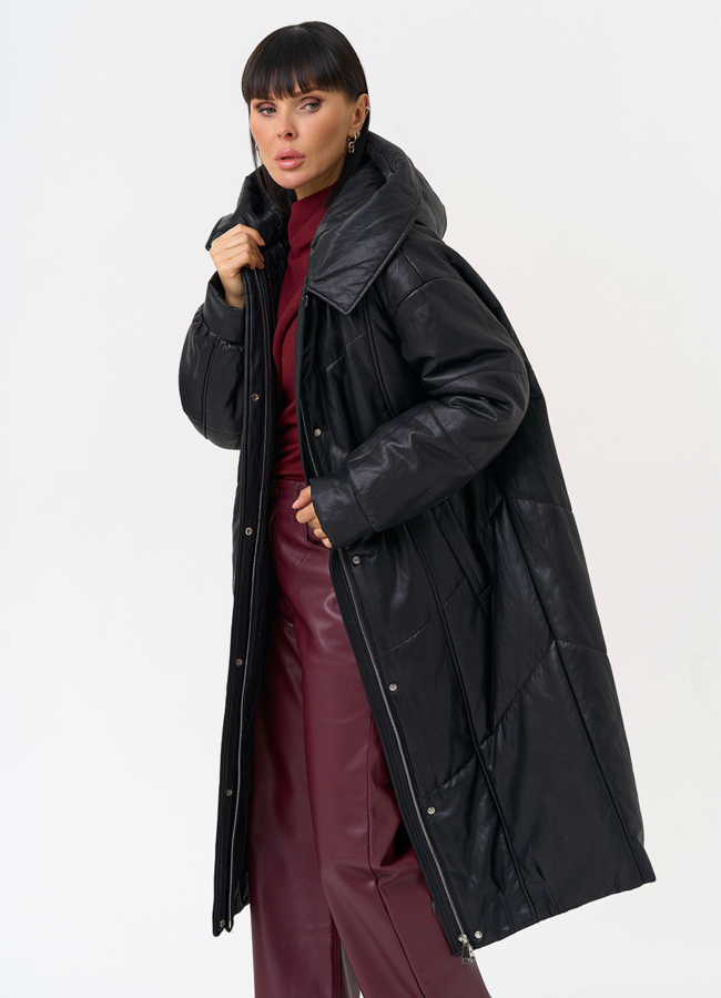 Женский пуховик из эко кожи со съемным эко мехом модель № 30718 универмаг малина