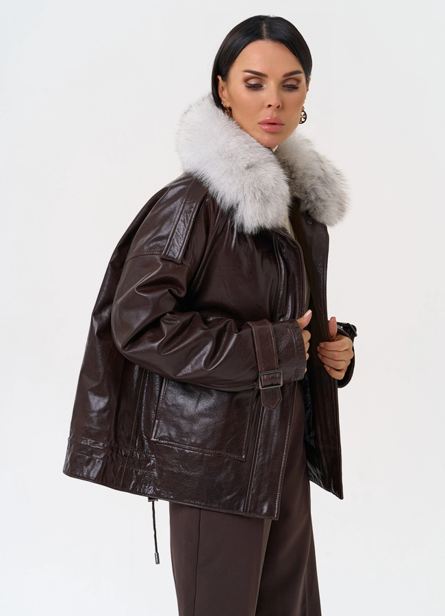 Короткий пуховик из натуральной кожи модель № 31371 универмаг малина фото