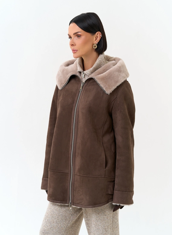 Женская дубленка из эко замши фото