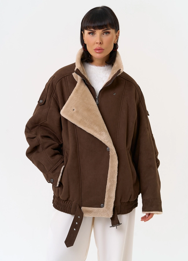 Женский бомбер из эко замши с воротником стойкой модель № 31533 меха малина