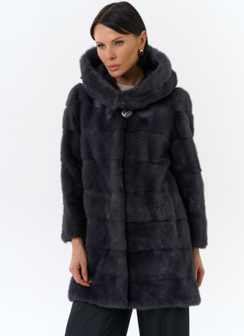 Норковая шуба в цвете графит с капюшоном 