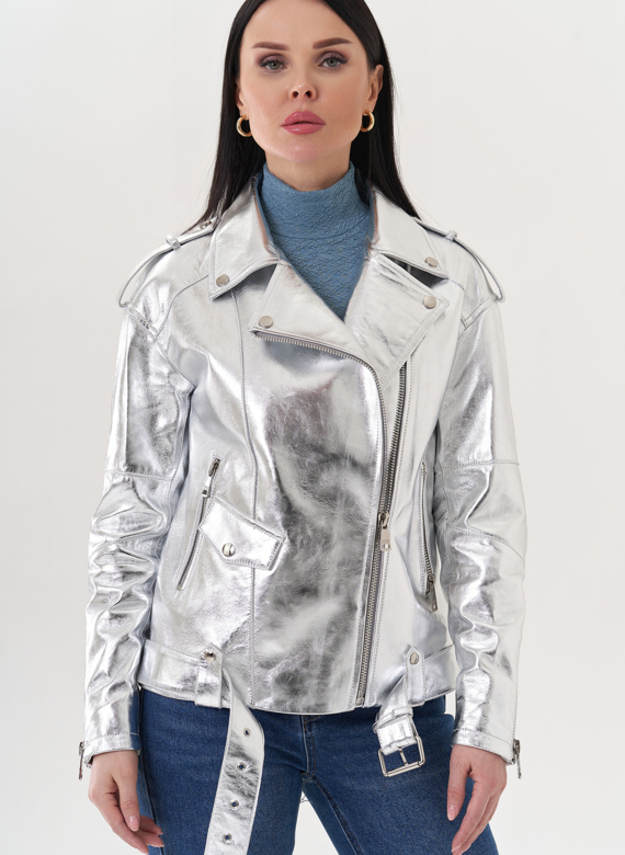 Куртка "косуха" из натуральной кожи под серебро