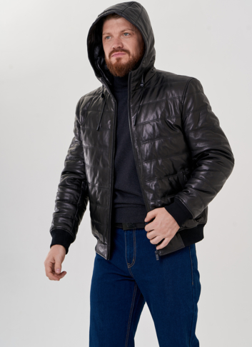 Куртка бомбер черного цвета с капюшоном 