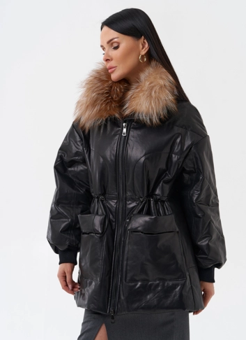 Кожаный пуховик с мехом фото