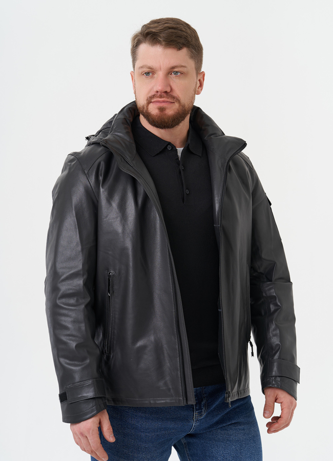 Куртка из натуральной кожи с капюшоном модель № 28581 меха малина