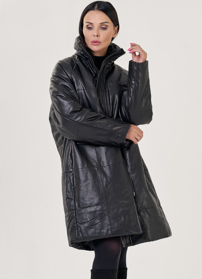 Кожаный пуховик с капюшоном черного цвета  модель № 23265 универмаг малина