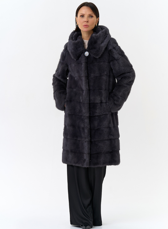 Норковая шуба в цвете графит с капюшоном 