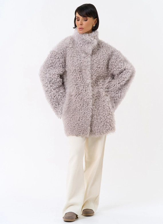 Женская двухсторонняя дубленка с воротником стойкой