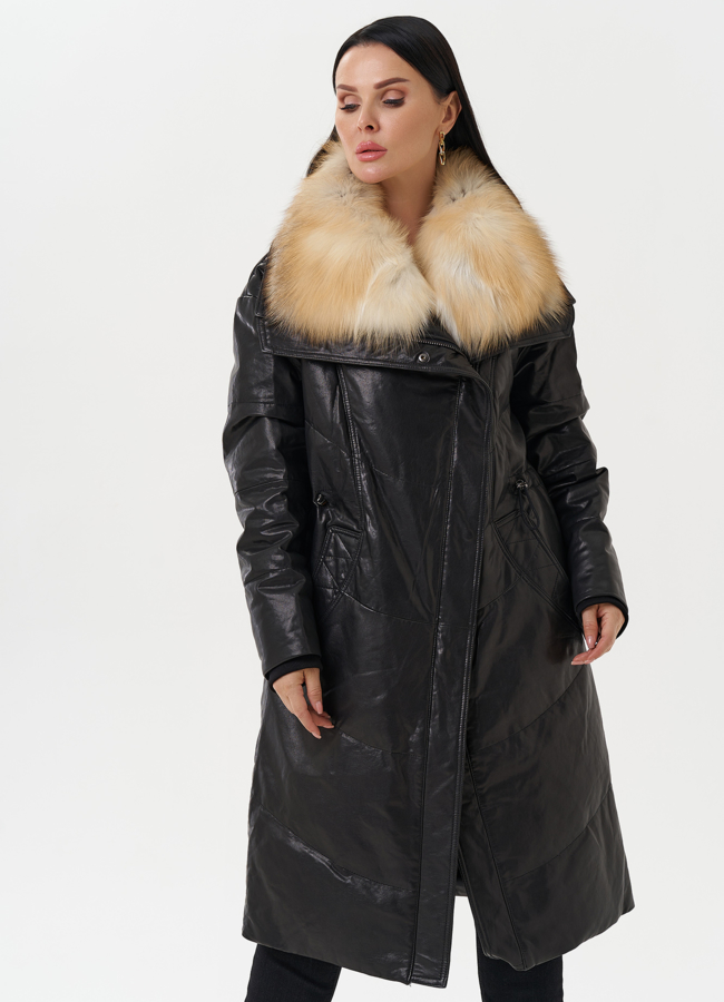 Женский кожаный пуховик с отделкой из меха лисы модель № 28110 универмаг малина