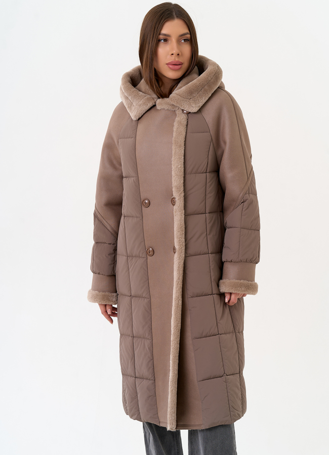 Комбинированный пуховик из эко кожи модель № 31693 универмаг малина