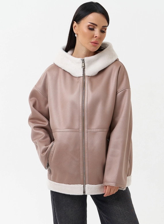 Женская дубленка из эко замши с капюшоном