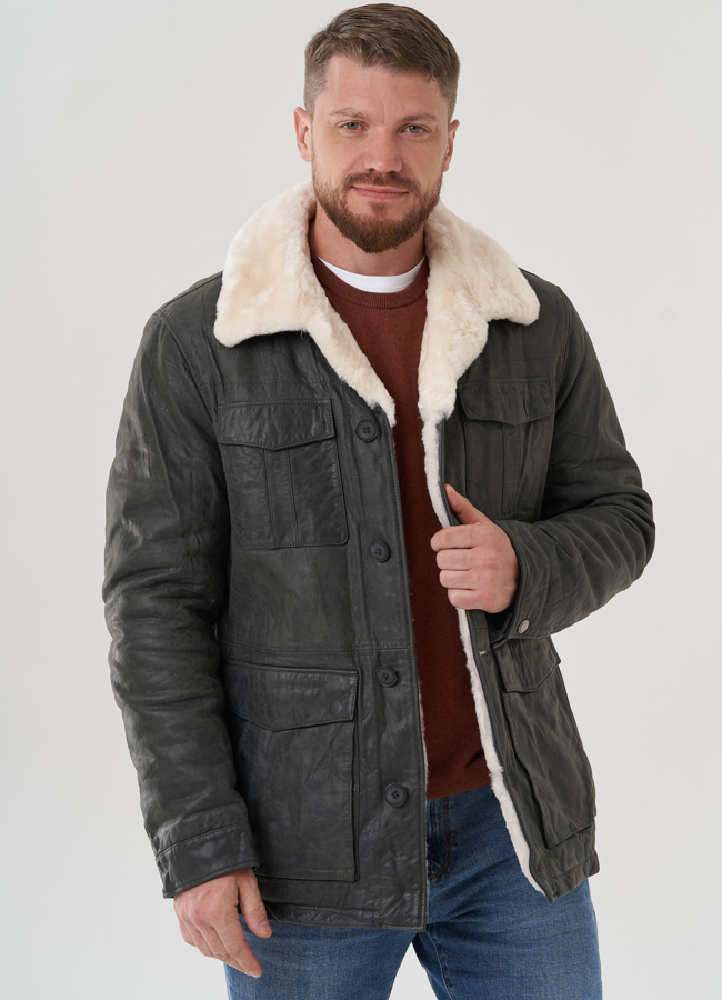 Куртка мужская из натуральной кожи  модель № 82314 меха малина