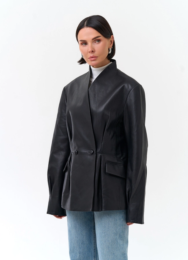 Двубортный жакет из натуральной кожи модель № 34105 универмаг малина фото