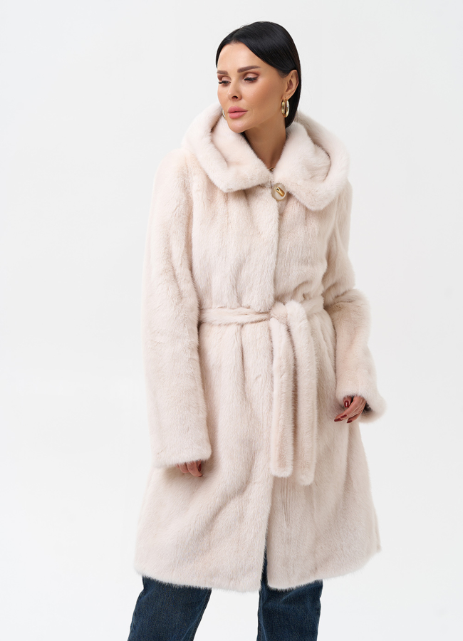 Светлая шуба с поясом из норки модель № 29086 меха малина