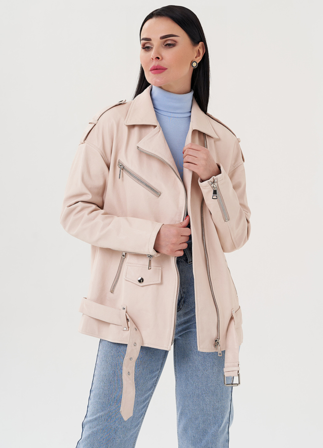 Куртка из светлой кожи модель № 24329 меха малина