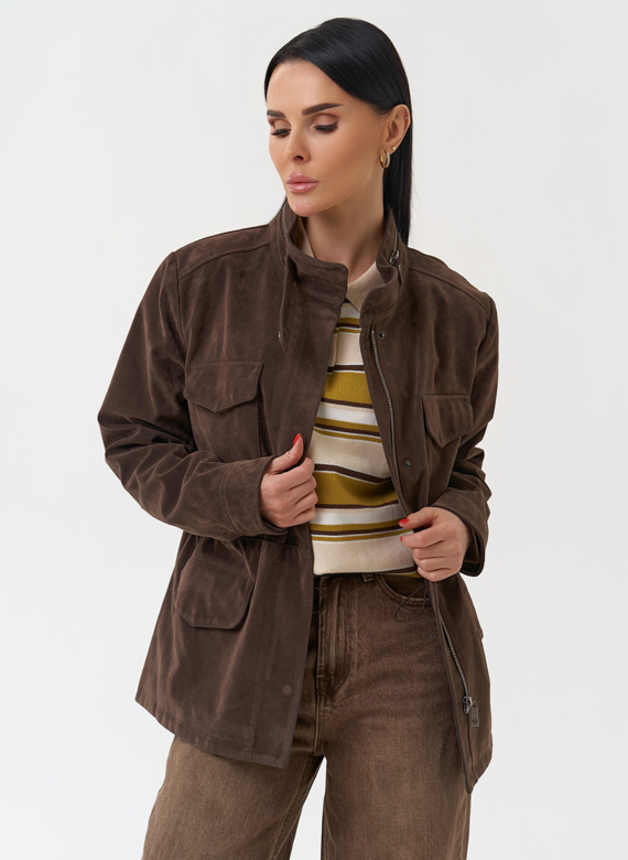 Женская парка из эко замши коричневого цвета