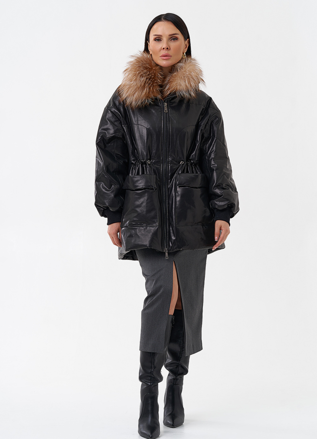 фото Кожаный пуховик с мехом модель № 29404