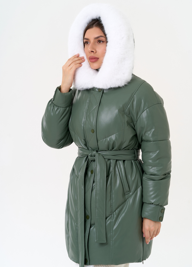 Женский пуховик из эко кожи с отделкой из эко меха модель № 30736 универмаг малина