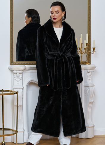 Длинная шуба из меха норки с воротником шаль